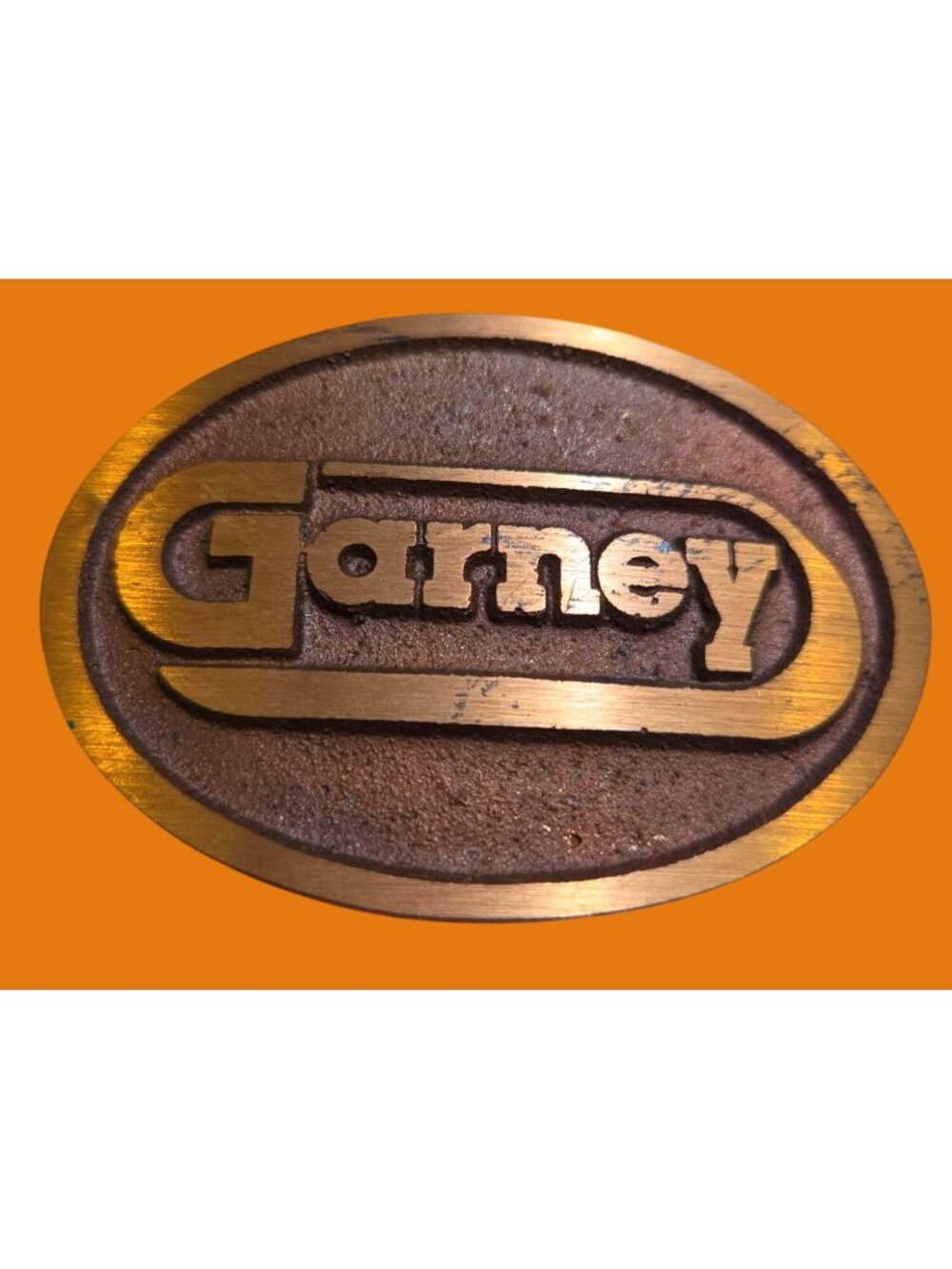 Garney Vintage Solid Brass Belt Buckle With Embossed Logo & Rustic Patina